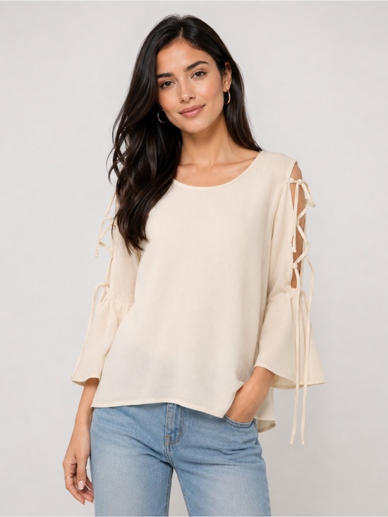 C Tops - C‎ Cream Blouse Womens Small Lace Up Sleeve Ruffle Cuff Textured Top
